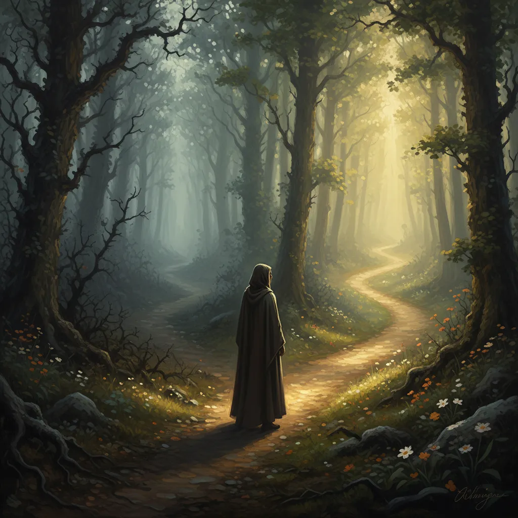 Eine Person steht an einer Weggabelung im nebligen Wald – ein Weg dunkel und verwachsen, der andere hell und offen